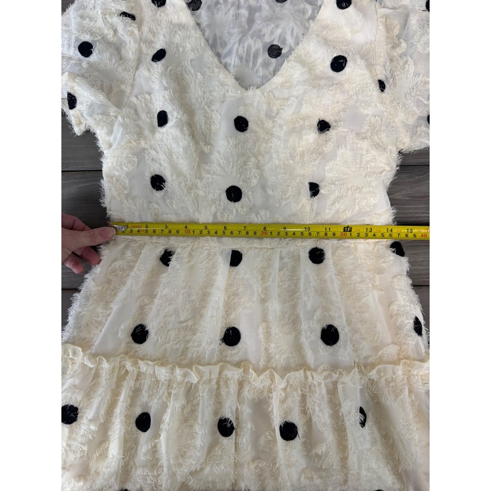 NWT Polka Dot Eyelash Fringe Cream Tiered Dress V-Neck Puff Sleeve Cream Med 6 8 - Picture 12 of 16
